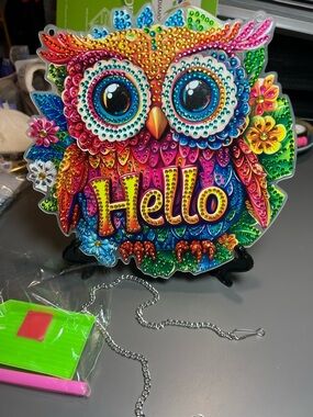 Colorful diamond art crystal jewels Owl 'Hello' sun catcher Welcome sign